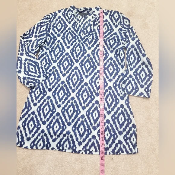 Woman's Brooks Brothers Blue Ikat Tunic Blouse 100% Cotton Size Small 3/4 Sleeve - Picture 10 of 12